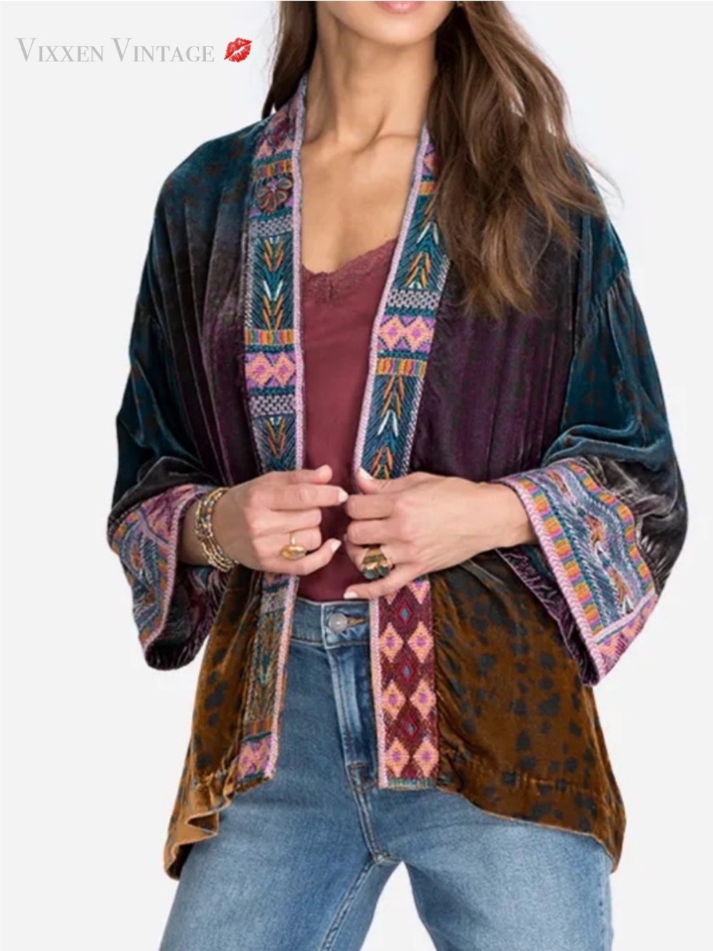 JOHNNY WAS EMBROIDERED SILK 'OMBRE CHEETAH VELVET CROPPED KIMONO' IN MULTI